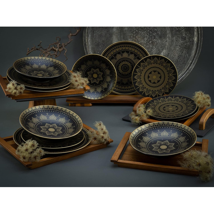 CreaTable MANDALA GOLD: 16-частинний набір посуду з каменю, чорний/золотий, для посудомийної машини та мікрохвильової печі