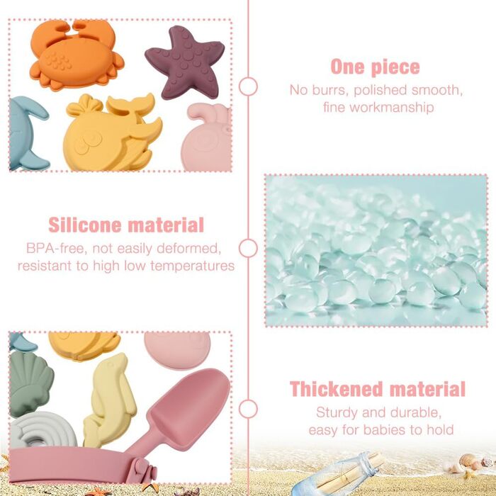 Silicone Sand Toy Set, 10-Piece Silicone Beach Toy Set, Beach Toys for Kids, with Bucket, Shovels, and 8 Sand Molds (Sea Creatures), for Boys and Girls