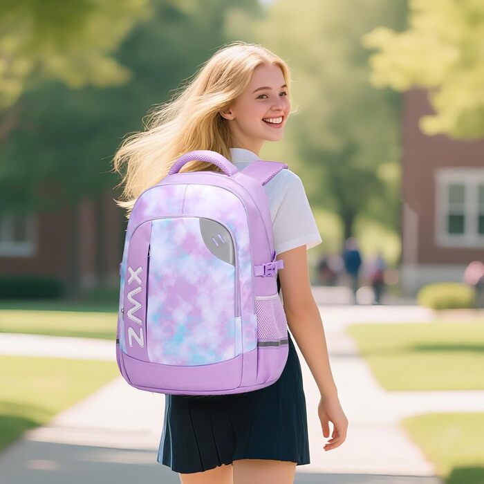 Шкільний рюкзак для підлітків 46L, рюкзак для школи, гімназії, старшої школи з нагрудним ременем, світловідбиваючими елементами, відділенням для 17.3' ноутбука, міцний, повсякденний, фіолетовий - 5255