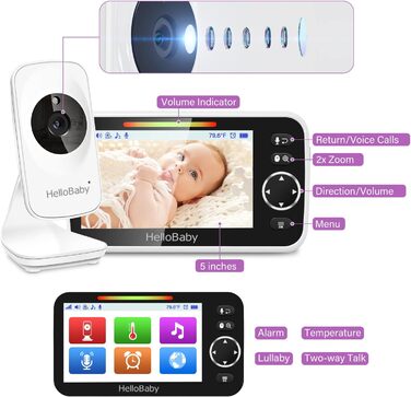 Дитячий відеоняня HelloBaby з камерою та аудіо, 5-дюймовий кольоровий LCD-дисплей, інфрачервона нічне бачення, режим VOX, індикатор температури, моніторинг сну