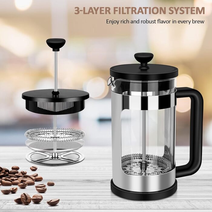 Френч-прес RAINBEAN 600мл: кавоварка з нержавіючої сталі, 3 фільтри, термостійке скло Borosilikat, для кави та чаю