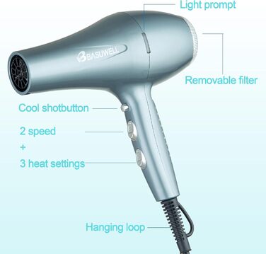 Фен Basuwell Ionen Pro 2100W з дифузором: 3 режими, 2 швидкості, інфрачервовий, AC-двигун (срібний)