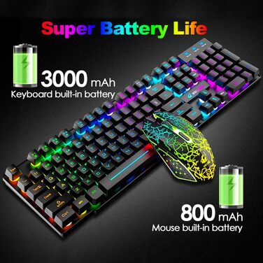 Бездротова клавіатура з підсвічуванням RGB, 2.4G, перезарядна, механічна, 104 клавіші + Миша RGB 2400 DPI, 6 кнопок + Килимок для миші Чорний