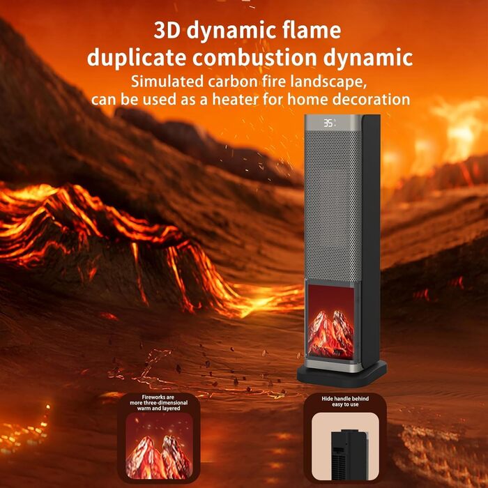 Електрична теплова гармата з пультом керування 2000W, 23 дюйми, 70° осциляція, 3D-полум'я, LED-дисплей, ECO-режим, таймер 12 годин - для дому, колір сріблястий