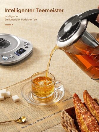 Kettle with Temperature Setting - FOHERE 2200W Glass Kettle - 6 Presets - 2 Hour Keep Warm Function - 1.7L Tea Maker - LCD Screen - Stainless Steel Base