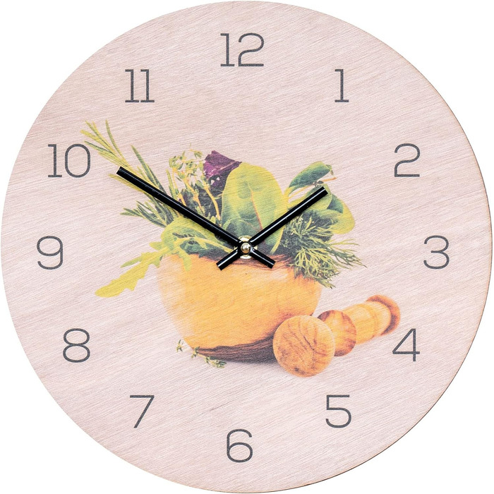 Levandeo Wall Clock, 30x30cm, Clock as Image, Kitchen, Herbs, Spices, Cooking, Decoration (Wood, Round)