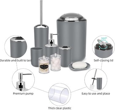 Набір аксесуарів для ванної кімнати IMAVO – 8 предметів сірого кольору (сміттєвий бак, дозатор мила, мильниця, тримач для зубних щіток, тримач для унітазного йоржика, диспенсер для ватних паличок з етикетками)