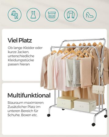 Стійка для одягу SONGMICS на колесах, 2 перекладини, срібна, до 100 кг, 103,5 см