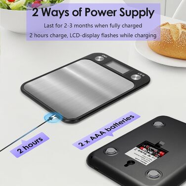 Кухонні ваги Muaket 1г/10кг з цифровим дисплеєм, велика платформа 17,5x15 см, 7 одиниць вимірювання, функція тарування, для продуктів, порошку, фруктів, овочів, перезаряджувані