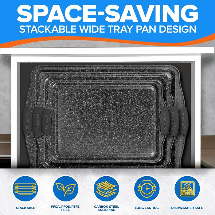 Набір форм для випічки Emporio Kitchen – антипригарне покриття, набір з 3 шт., з нержавіючої сталі, силіконові ручки, без PFOA, PFOS, PTFE, рецептурник, до 230°C (сірий)