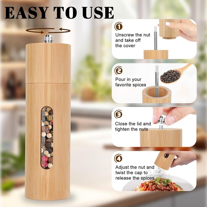 BOCHION Salt and Pepper Grinder Set of 2, Spice Grinder with Transparent Window and Coaster, Large Wooden Salt and Pepper Grinder with Manually Adjustable Ceramic Grinding Core, for BBQ, Restaurant, Kitchen, 18 cm