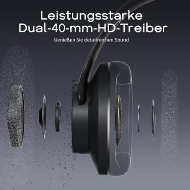 DOQAUS Bluetooth навушники Over-Ear, 90 годин роботи, Bluetooth 5.3, бездротові навушники з мікрофоном, HiFi стерео звук, глибокий бас, для телефону, подорожей, чорний