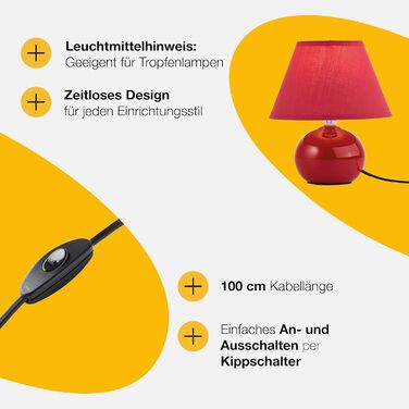 BRILLIANT Primo: стильна настільна лампа з тканинним абажуром – невелика лампа для нічного столика, спальні та вітальні – цоколь E14, вимикач – помаранчевий (червоний)
