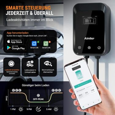 Зарядна станція для електромобілів AIMILER Wallbox 11кВт, 3-фазна, Type 2, кабель 7.6м, з лічильником електроенергії, App-керуванням та захистом RCBO, IP66, чорна