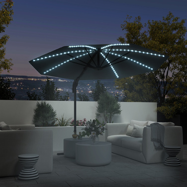 Сонячний парасоль з алюмінію Outsunny з LED-підсвіткою, сонячний, Ø300см, регульована висота, парасоль з ручним підйомом, стійка, SPF 50+, водовідштовхувальний, 360° обертання, торговельний парасоль, регульований нахил, садовий парасоль, захист від сонця 