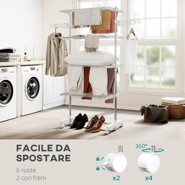 Сушарка для білизни HOMCOM Tower, 4 рівні, з колесами, біла - 142x55x172 см