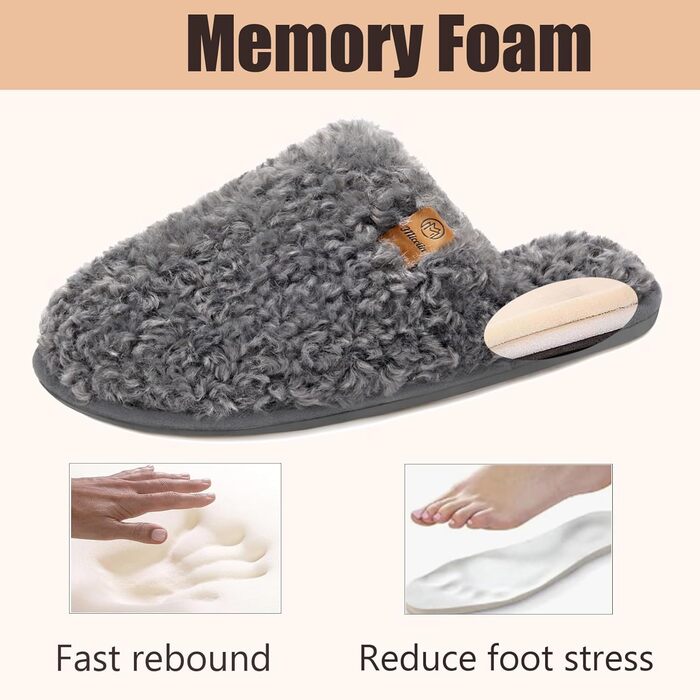 Тапочки зимові для жінок та чоловіків з меморі-піною, плюшеві, м'які, антиковзні, сірі, 38.5/40 EU