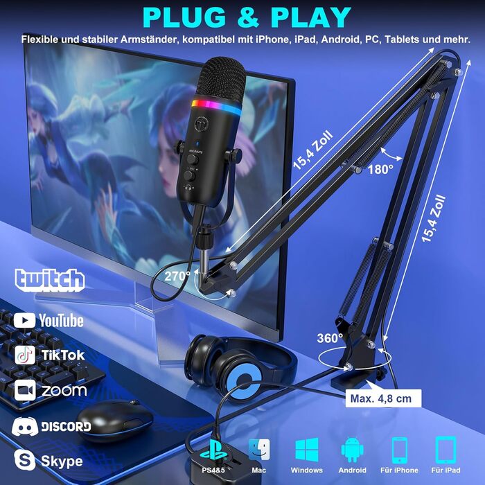 Zealsound Podcast Мікрофон з тримачем - RGB, шумозаглушення, конденсаторний мікрофон для ПК, телефону, TikTok, YouTube (сумісний з iPhone, Mac, Windows)