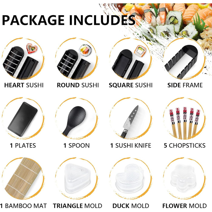 Набір для приготування суші, 20 предметів, для початківців, з формами для ролів, виделкою, ножем, килимком для скручування, палочками, повний комплект (Чорний)