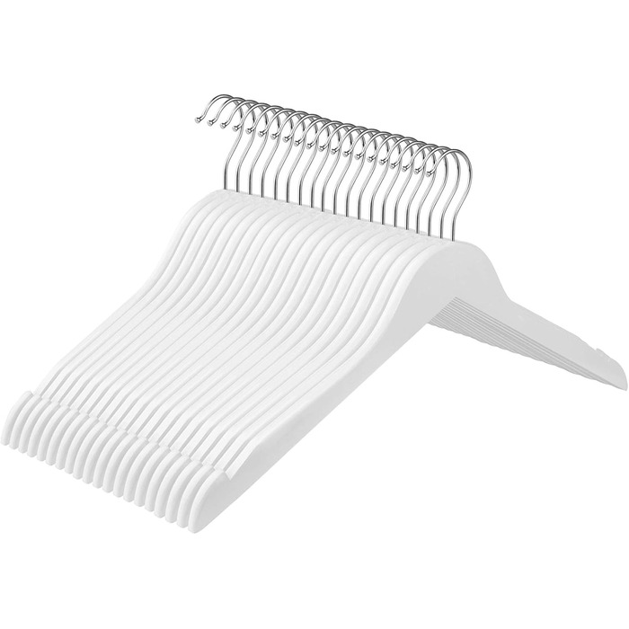 SONGMICS Wooden Clothes Hangers, 20 Pack, Clothes Hangers with Notches, for Jackets, Coats, Suits, Shirts, 360° Swivel Hook, Non-Slip, Length 44 cm, White, CRW003WT20