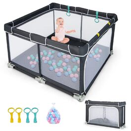 DREAMADE Playpen Baby, 124 x 124 cm Playard Foldable with 50 Play Balls & 4 Pull Rings, Safety Net with Breathable Mesh & Zipper (Dark Grey)