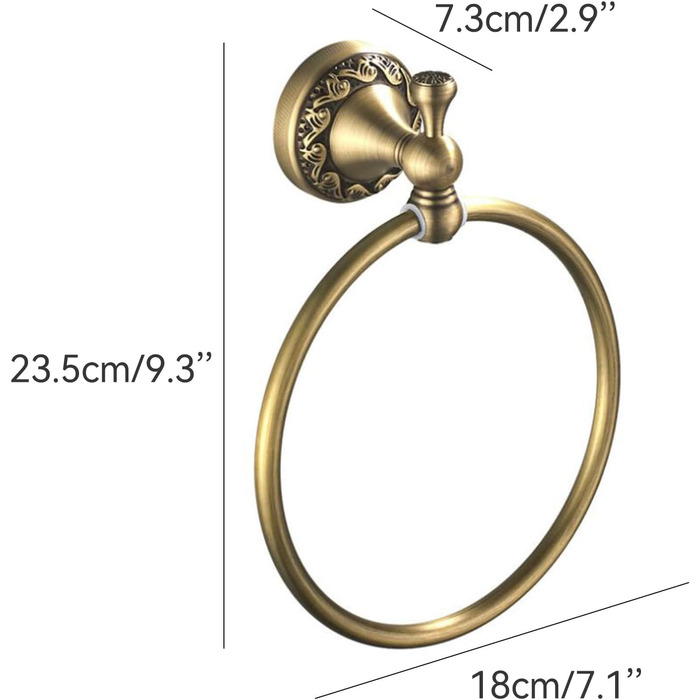Brass toothbrush holder, antique bronze finish, cup holder with white ceramic cup, wall-mounted, bathroom accessory, patterned carving design (towel ring)