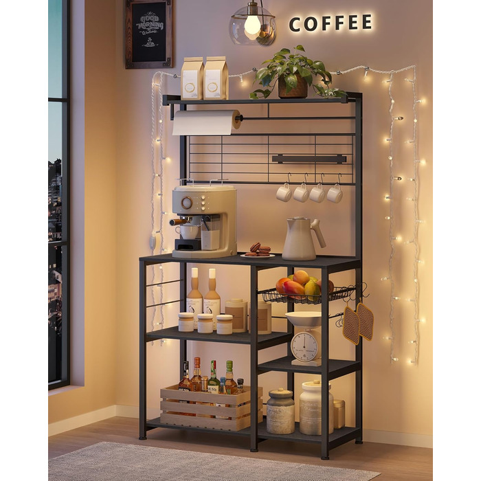 Стелаж кухонний VASAGLE KKS026B01, підлоговий, з магнітною смугою для ножів, кошиком, тримачем для рушників, 12 гачків, вінтажний коричневий-чорний