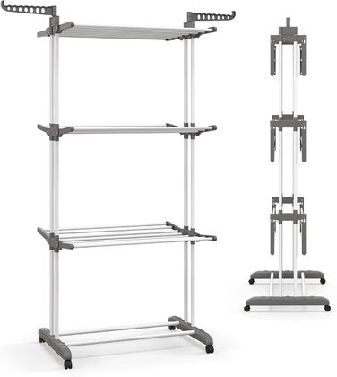 Стійка для білизни GOPLUS 4-ярусна розкладна з 2 тримачами для вішалок, 3 висувними полицями, полицею для взуття та 4 колесами для дому та вулиці (Сірий)