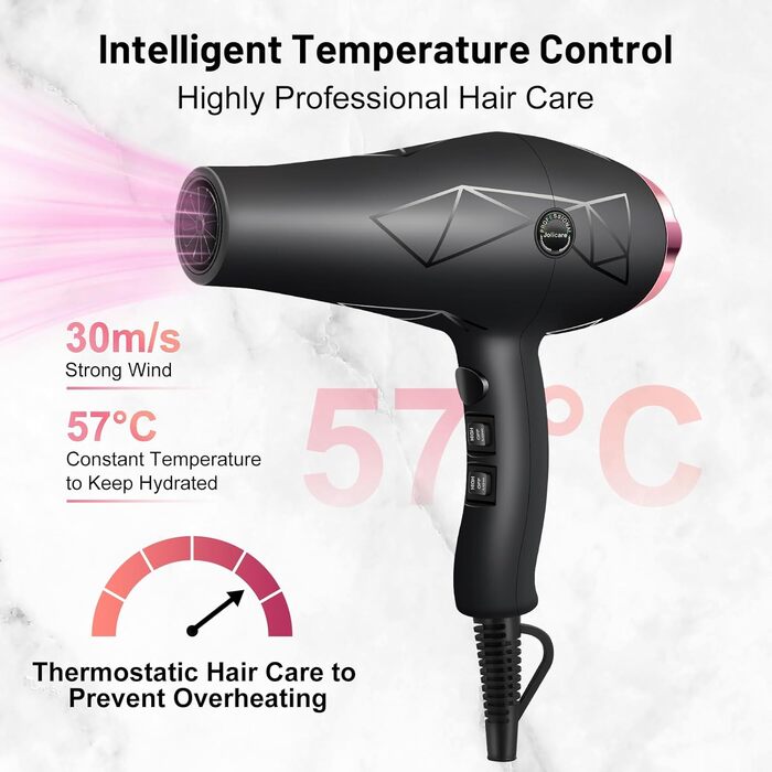 Фен Jolicare з іонізацією та насадкою-дифузором, 2400W, блакове світло, професійний для локонів, салонний, з 1 дифузором та 2 концентраторами, 3 температурні режими, 2 швидкості (Чорний)