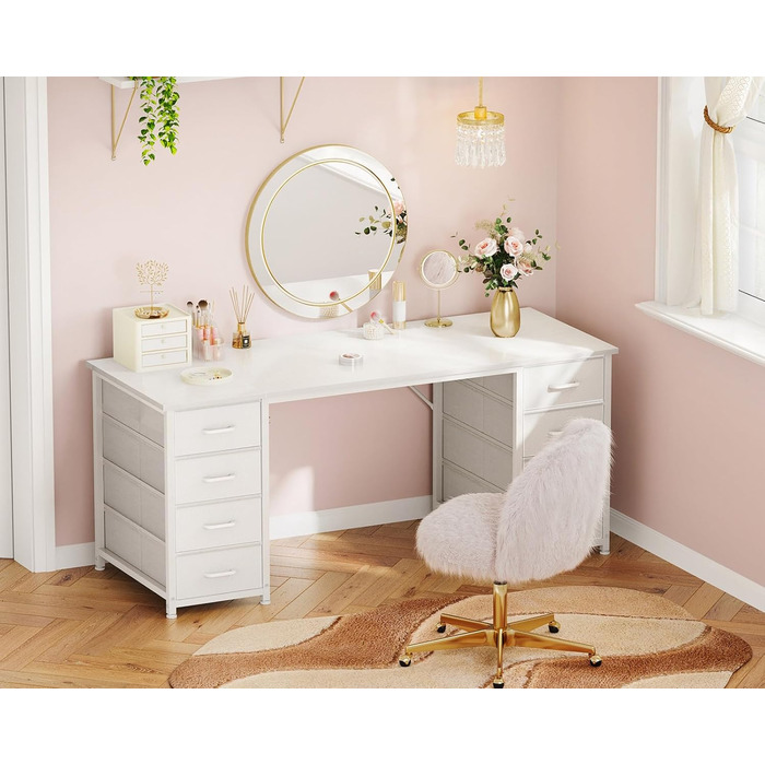 Комп'ютерний стіл Coleshome з 8 висувними ящиками з тканини, 140x48 см, білий. Зберігання, для офісу, дому, ігровий стіл.