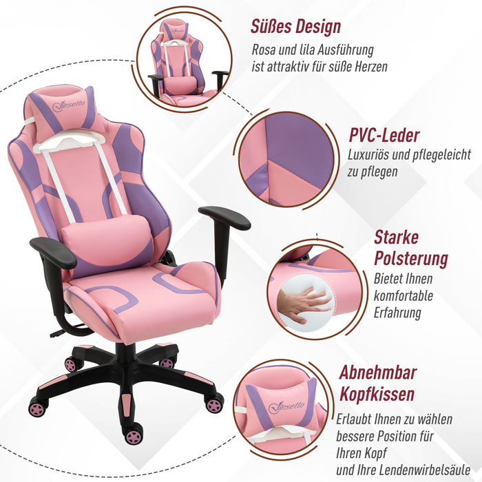 Vinsetto Gaming Chair Ergonomic Office Chair, Swivel Chair, Adjustable Massage Lumbar Cushion, Height Adjustable, Pink & Violet, 69x56x125.5cm | Aosom
