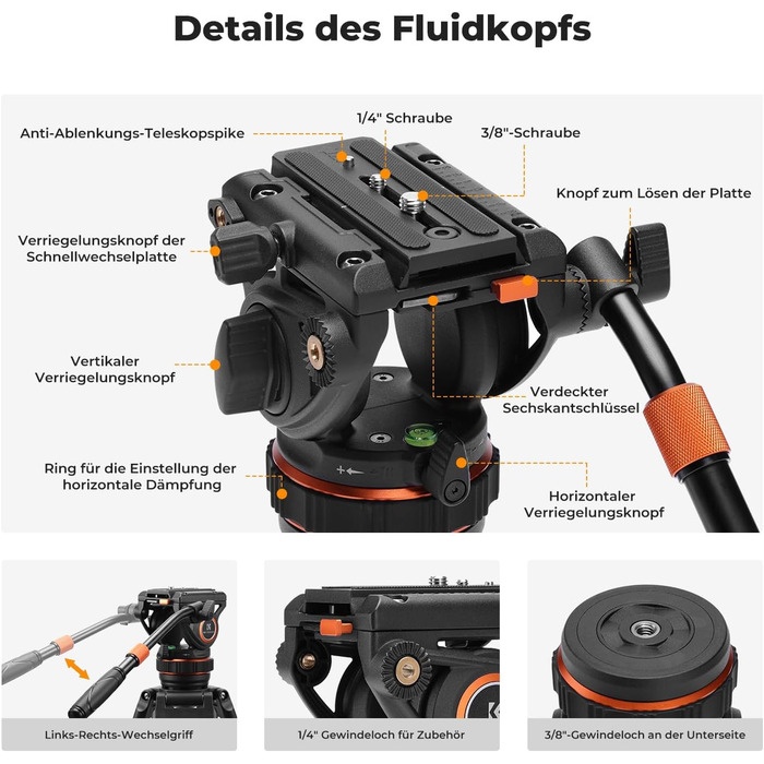 Штатив для камери K&F CONCEPT VA3+BV10: професійний відеоштатив з поворотним кріпленням, 184 см, для DSLR та відеокамер