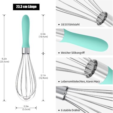 Міксер ручний Doosu 28 см з нержавіючої сталі, 8 гнучких дротів для збивання та змішування (Aqua Sky, S-23cm)