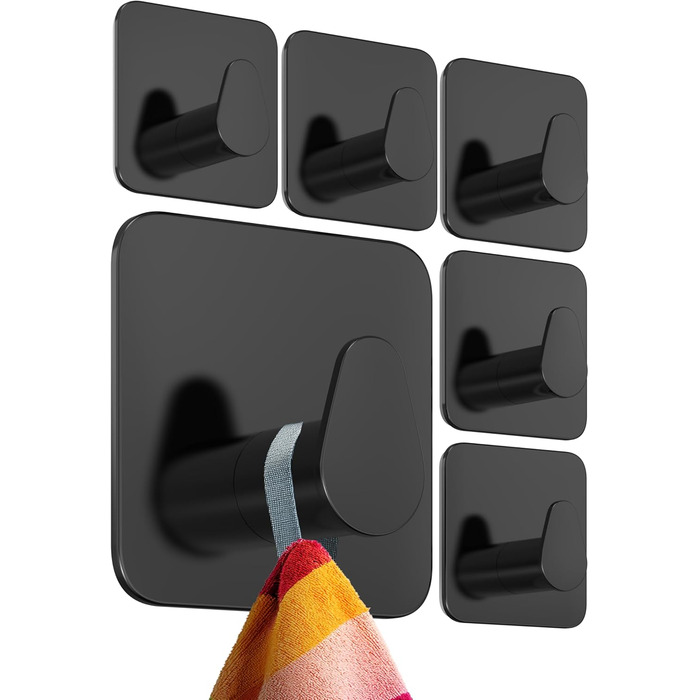 Набір тримачів для рушників 4smile (6 шт.) без свердління, з нержавіючої сталі, чорний. Клейкі гачки для ванної кімнати, міцна фіксація.