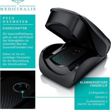 Пульсоксиметр на палець Medicinalis - вимірювання SpO2, пульсу, OLED дисплей, індикатор заряду батареї, тривога, однокнопкове управління, чорний