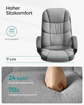 Крісло офісне SONGMICS для офісу, крісло для шефа, комп'ютерне крісло, регулювання висоти сидіння, оббивка, сірий (53 x 51 x 112-122 см)