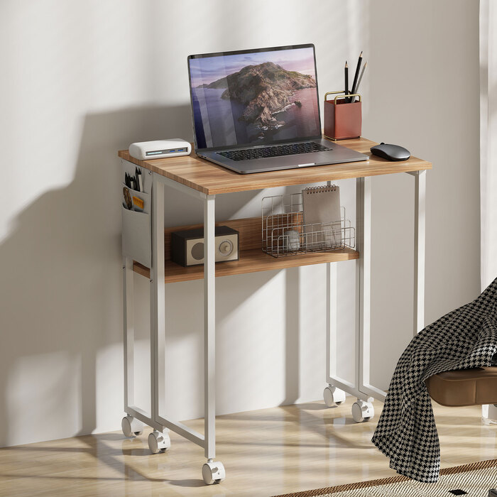 HOMCOM Folding Desk Small 63 cm Folding Desk with Wheels Space-Saving Computer Desk with Shelf, Storage Bag, for Home Office, Natural | Aosom