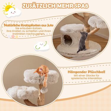 Дерев'яний кігтетопор для котів Costway 87 см з гамаком, мотузкою з сизалю та плюшевими сидіннями. Двохстовпчастий кігтетопор-вежа з джутовими стовпчиками, масивне дерево, білий колір.