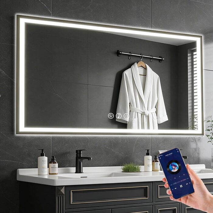 Дзеркало для ванної кімнати 50x70 см з LED-підсвічуванням, антизапарник, диммер, 3 кольори світла, Bluetooth