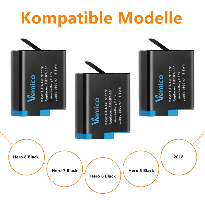 Зарядний комплект Vemico Hero 8: 3 акумулятори 1500 mAh, 3-канальна зарядна станція з Type-C USB, захисний ковпачок, сумісний з Hero 8/7/6/5/AHDBT-801