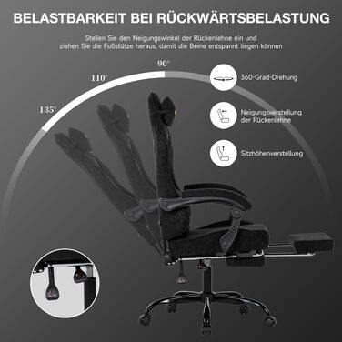 Ігрове крісло SUKIDA Ergonomic з тканини шеніль, з підставкою для ніг, підголівником та поперековою підтримкою, дихаючий матеріал, навантаження до 150 кг, чорне