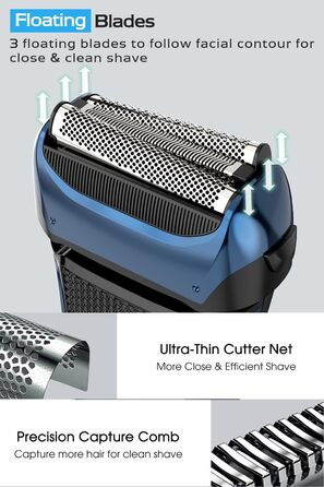 Електрична бритва чоловіча з 3 гнучкими лезами та тримером, синя. Бритва для вологого та сухого гоління, з кейсом для подорожей, акумуляторна, 120 хв роботи. Подарунок для чоловіків
