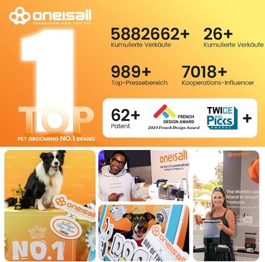 Машинка для стрижки собак Oneisall з пилососом, потужність 12000 Па, збір 99.99% шерсті, тиха, 7 насадок, об'єм контейнера 1.5 л