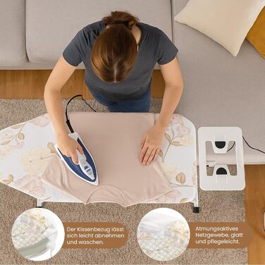 Відкидна дошка для прасування 110 x 38 x 64-77 см, 6 положень по висоті, з гумовими ніжками, бавовняним чохлом та підставкою для праски (біле квадратне візерунок, квіти)