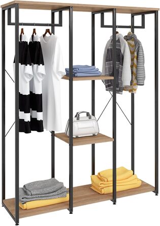 Clothes Rack Coat Rack, Open Wardrobe for Bedroom, Laundry Rack Hanging Shelf with Storage, Wood Steel, Black+Light Oak