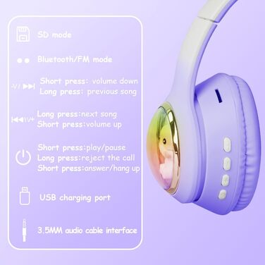 Дитячі навушники AXFEE з Bluetooth, котячі вушка, LED-підсвічування, Over-Ear, бездротові, з мікрофоном, Micro SD/TF, для телефону/планшета/ПК (#02 фіолетовий v5.3)