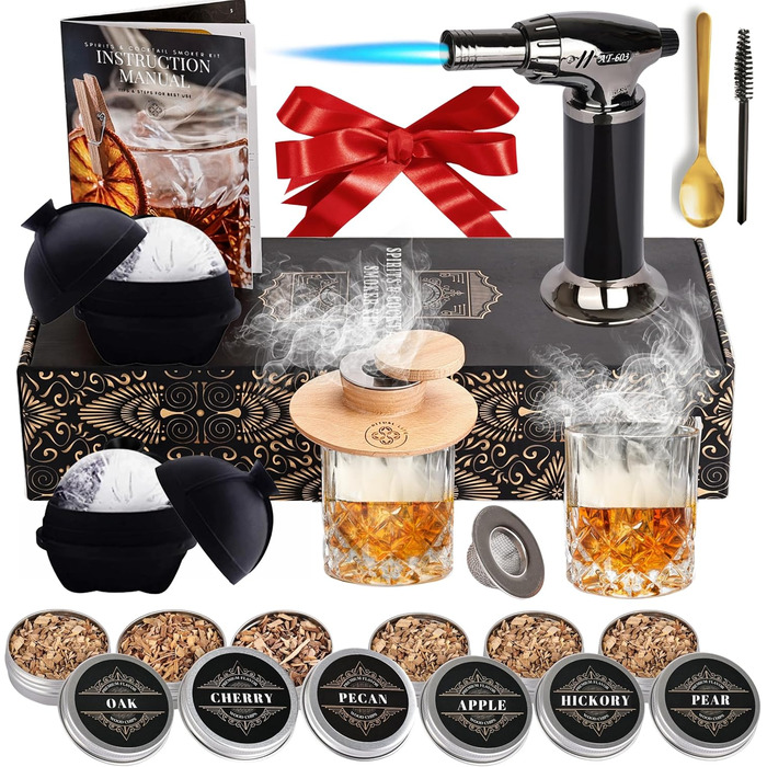 Whiskey Smoker Kit - Cocktail Smoker Kit with Torch, 2 Whiskey Glasses, 2 Ice Ball Makers, 6 Flavors of Wood Chips - Old Fashioned Smoker Bourbon Drink Smoking Set - Bourbon Gifts for