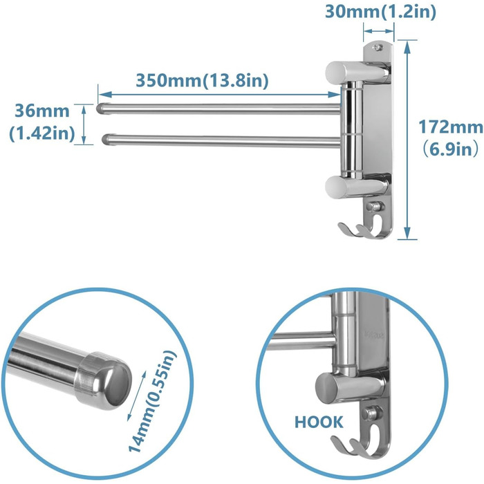 Поворотний тримач для рушників JSVER на 180° з нержавіючої сталі, 4-х віяльний, для ванної, кухні та гардеробу (срібло)