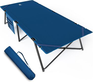 Розкладне ліжко для кемпінгу EVER ADVANCED XXL, 214 x 79 x 50 см, 200 кг, з кишенею, стабільне та портативне для відпочинку на природі та вдома (Блакитний)