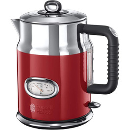 Електрочайник Russell Hobbs Retro 1,7 л 2400 Вт, червоний, нержавіюча сталь, швидкий нагрів, термометр, індикатор рівня води